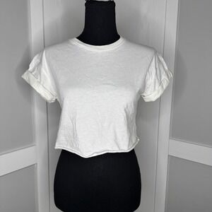 Wet Seal Roll Sleeve Crop Tee Women XS White Raw Hem Stretch T-Shirt